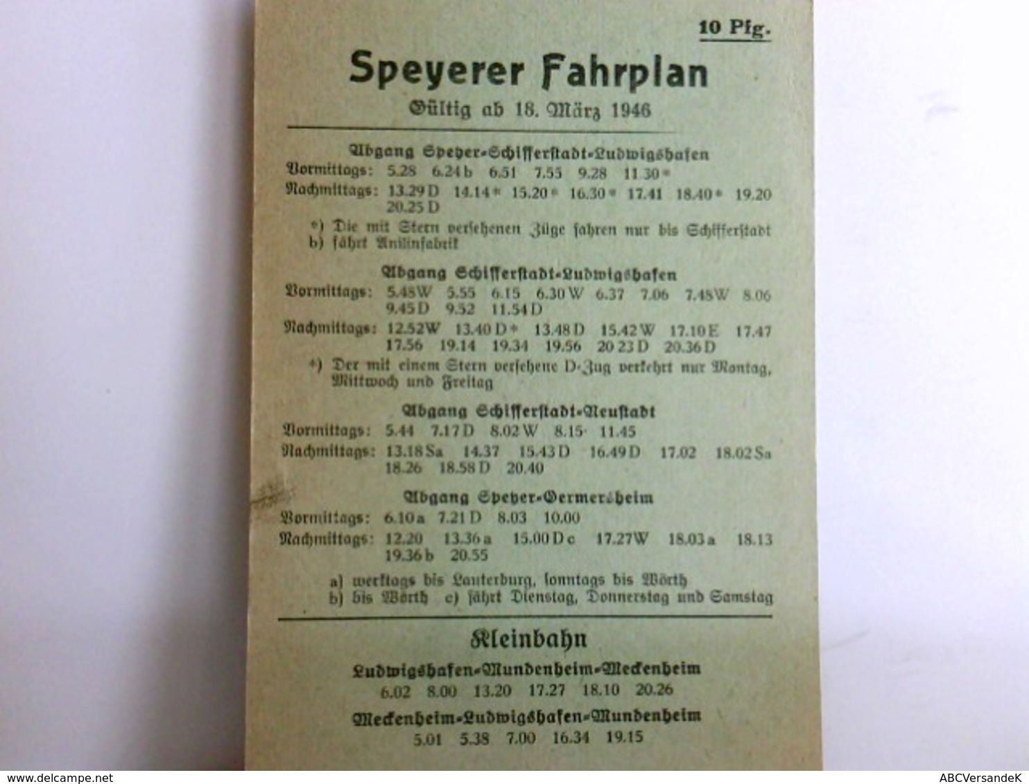 Speyerer Fahrplan. Gültig Ab 18. März 1946 - Sonstige & Ohne Zuordnung