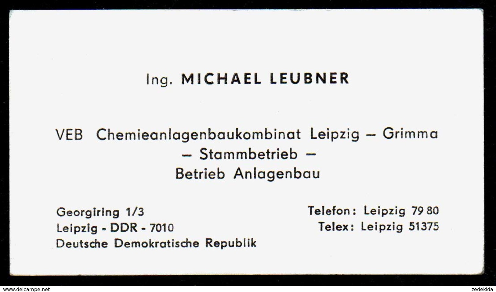 B7345 - Leipzig Grimma - DDR - VEB Chemieanlagenbaukombinat - Michael Leubner - Visitenkarte - Visitenkarten