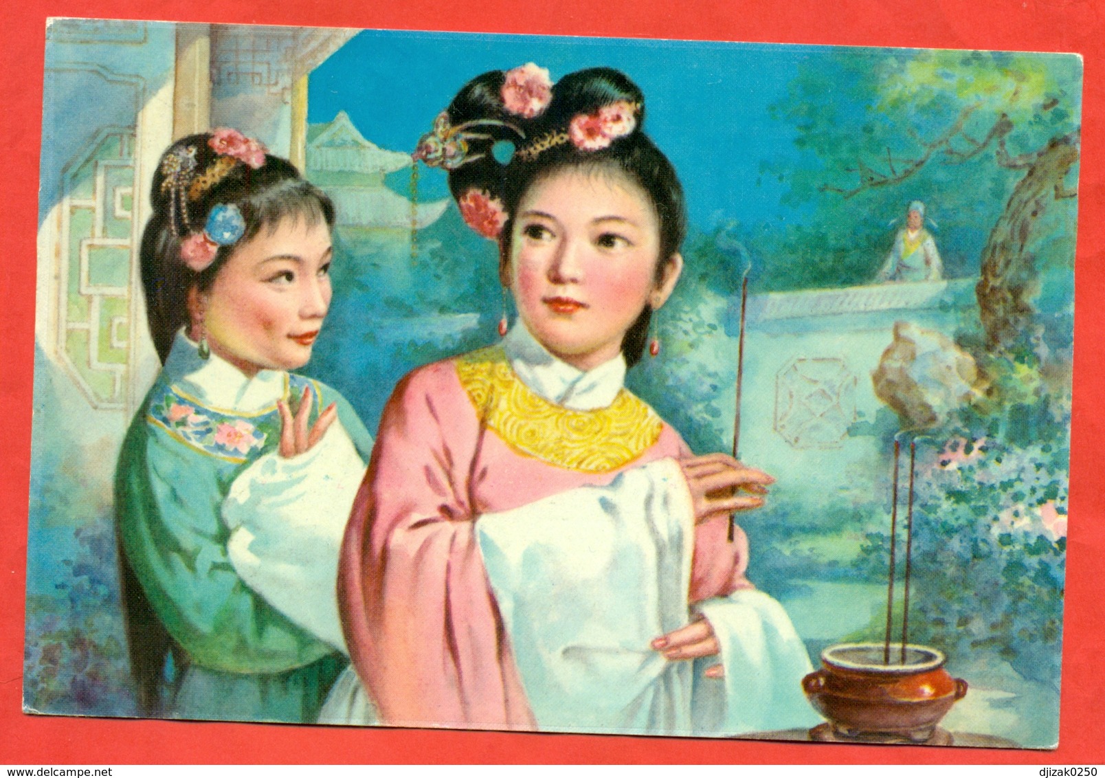 China.Two Girls In The Temple. Postcard - China