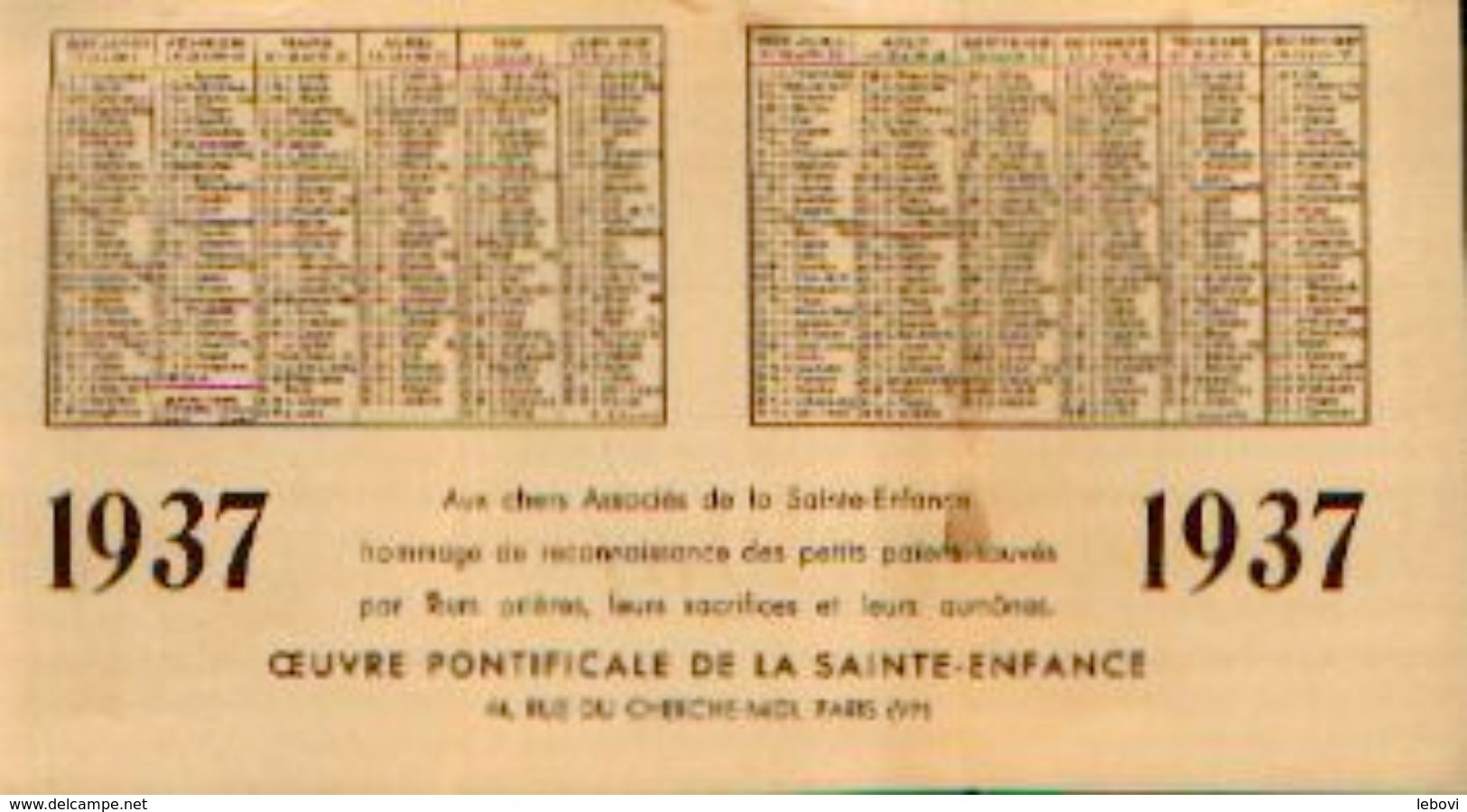 Calendrier De Poche 1937 – œuvre Pontificale De La Sainte-enfance - Small : 1921-40