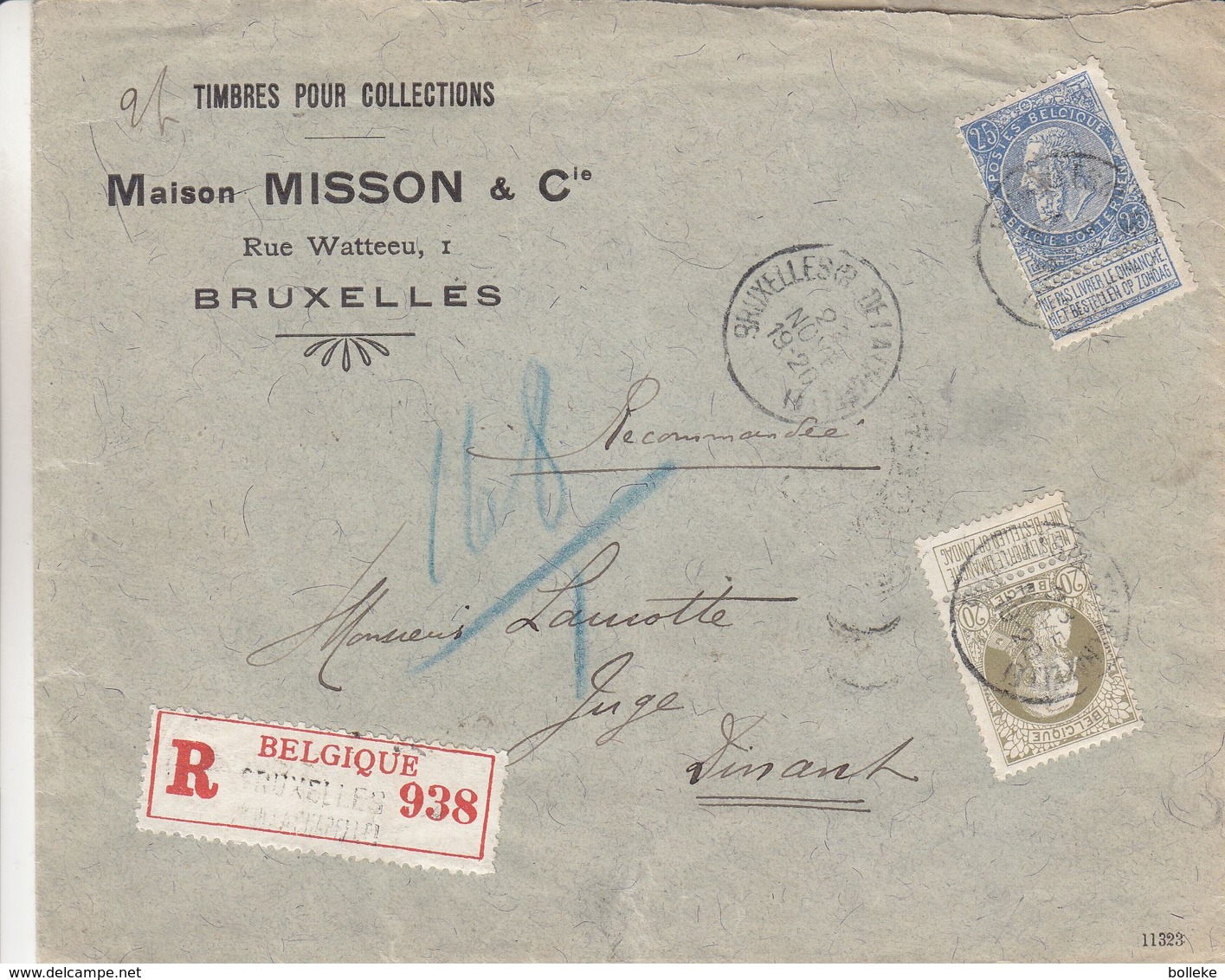 Belgique - Lettre Recom De 1905 ° - Oblit Bruxelles Rue De La Chapelle- Exp Vers Dinant - Cachet Ovale Bruxelles - 1893-1900 Thin Beard