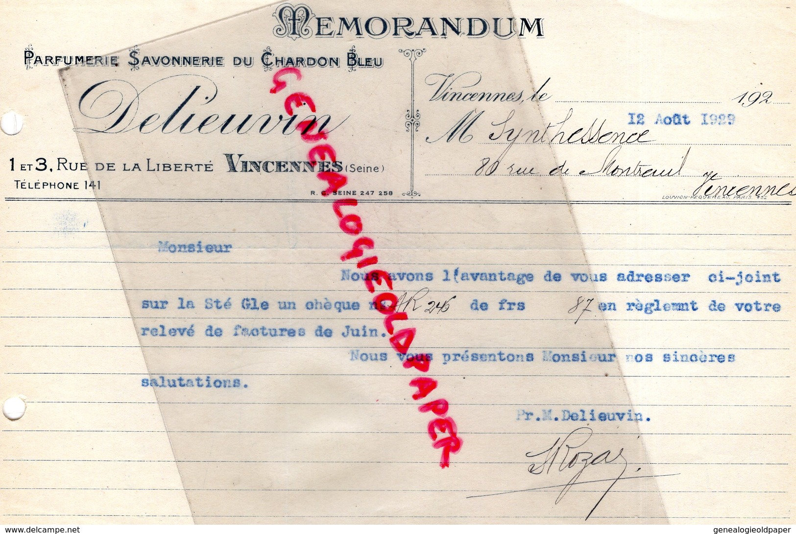 94- VINCENNES- MEMORANDUM DELIEUVIN- PARFUMERIE SAVONNERIE DU CHARDON BLEU- PARFUM -1 RUE LIBERTE- 1929 - Droguerie & Parfumerie