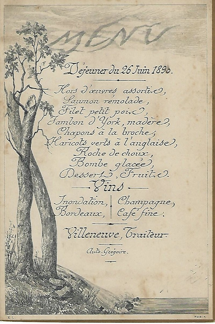 Menu Dejeuner 26 Juin 1896-villeneuve Traiteur Auto-gregoire - Menus