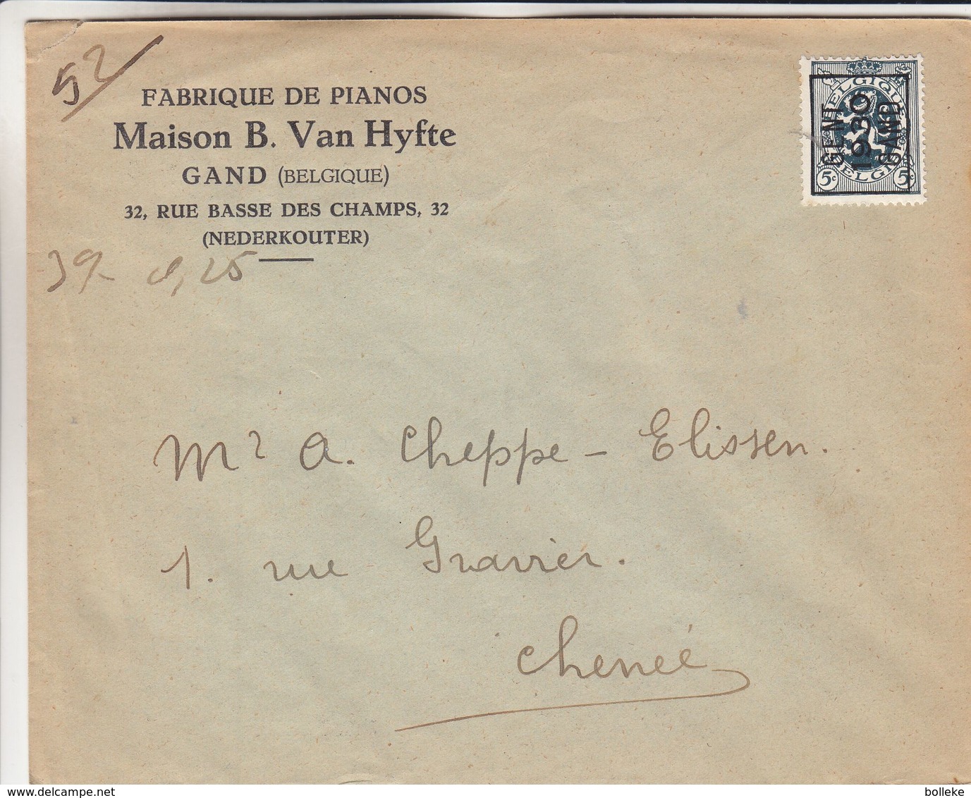 Belgique - Lettre Illustrée De 1930 ° - Préoblitéré De Gand 1930 - Exp Vers Chenée - Musique - Fabrique De Pianos - Typo Precancels 1929-37 (Heraldic Lion)