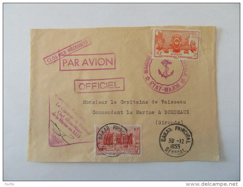 Enveloppe Officielle A.O.F (Sénégal) Vers France (Marine Etat-Major) Avec Timbres YT N°33 Et 39 - Cachet 1955 - Lettres & Documents