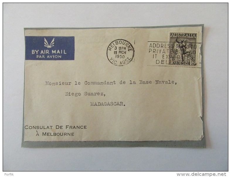 Façade D'enveloppe Consulat De France Australie Vers Madagascar Avec Timbre Poste Aérienne YT N°7 - Cachet 1950 - Lettres & Documents