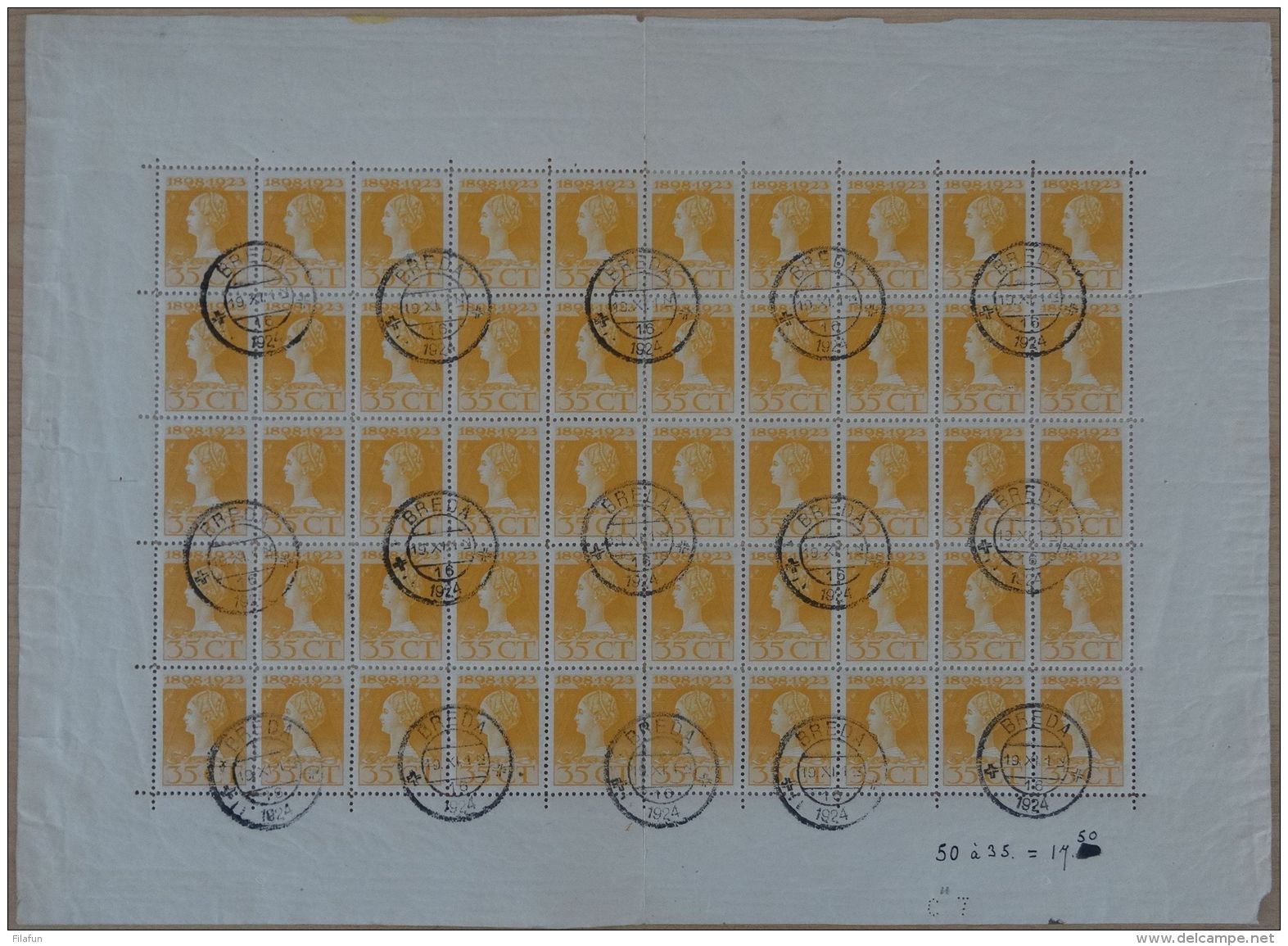 Nederland - 1924 - 35 Cent Regeringsjubileum NVPH 127B In Compleet Gestempeld Vel Van 50 Stuks, 10x 127 PM - Gebruikt