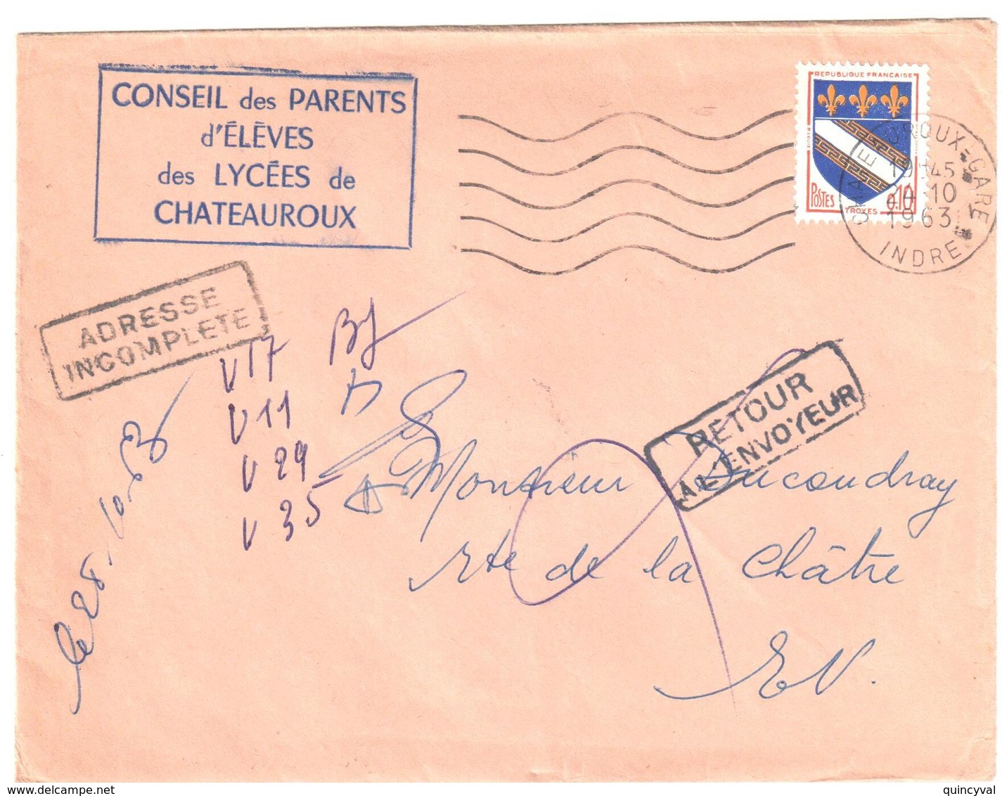 CHATEAUROUX Gare Indre Lettre Tarif Imprimé 10c Troyes Yv 1353 Griffes RETOUR à L'ENVOYEUR  ADRESSE INCOMPLETE Ob 1963 - Lettres & Documents