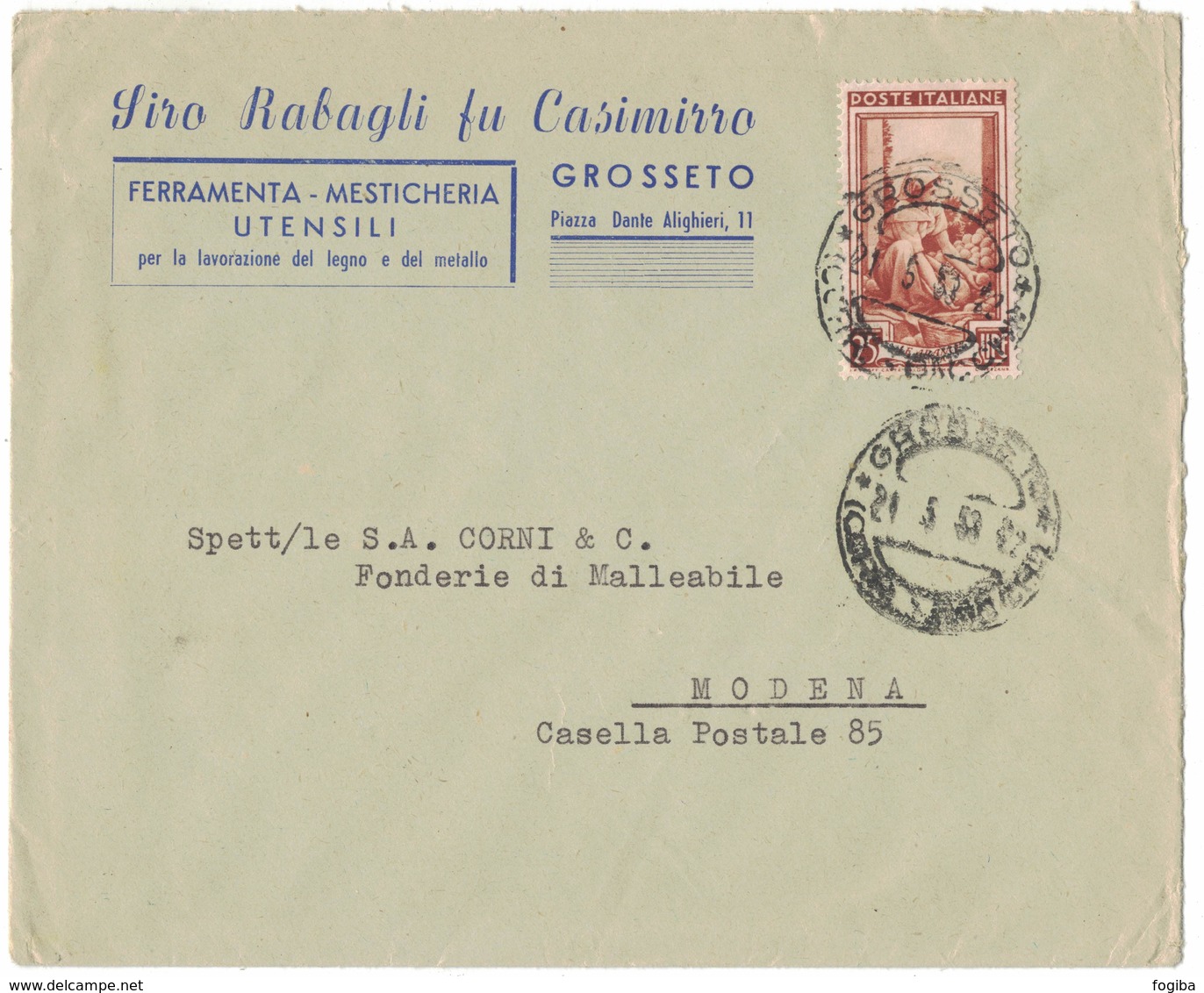 AI52   Busta Pubblicitaria - Siro Rabagli, Grosseto - £.25 Italia Lavoro Isolato 1953 - 1946-60: Storia Postale