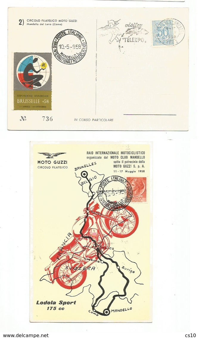 Expo 1958 Bruxelles - Moto Raid By Moto Guzzi Club Mandello Lario 10may To Brussels 12may & Back Official Pcard Lodola - Exposiciones