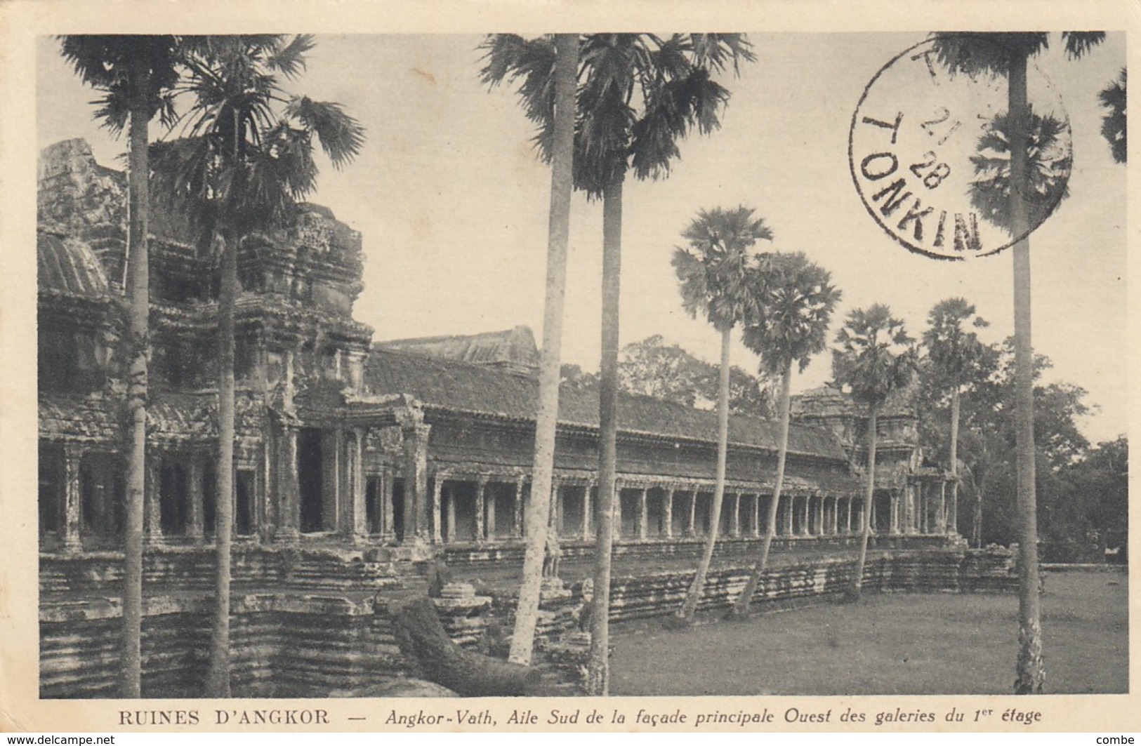 CARTE INDOCHINE. 12 8 1928. CAMBODGE AFFRANCHISSEMENT ANGKOR-LES-RUINES POUR TAM DAO TONKIN CACHET ARRIVEE 21 8 28 - Covers & Documents