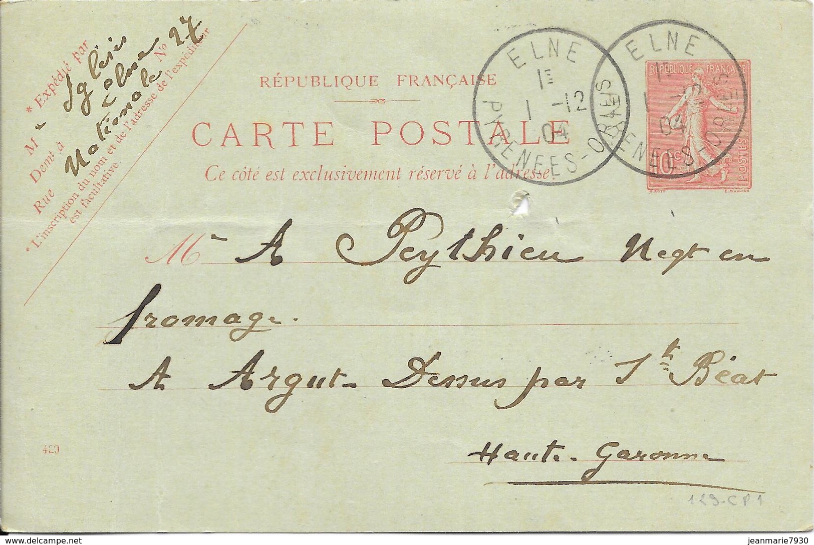 LOT 1809244 - ENTIER 10 C SEMEUSE LIGNEE DE ELNE DU 1 DECEMBRE 1904 POUR ARGUT DESSOUS - Cartoline Postali E Su Commissione Privata TSC (ante 1995)