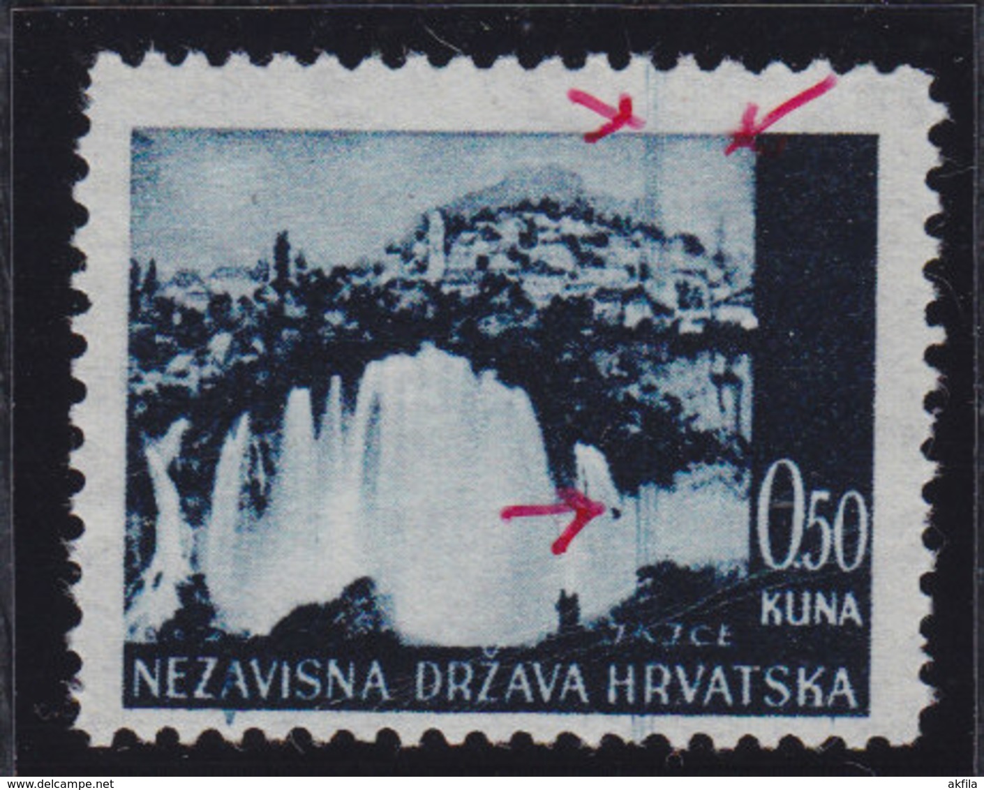 Croatia NDH 1941 Landscapes, Error - Vertical Blue Line, Without Gum On The Back; Michel 48 - Croatie