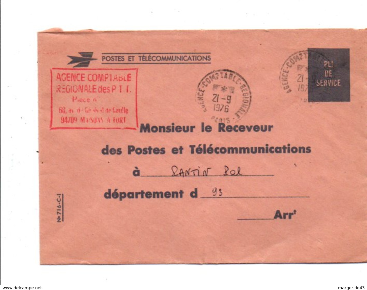 OBLITERATION SUR LETTRE DE SERVICE AGENCE COMPTABLE REGIONALE DE PARIS 1976 - 1961-....