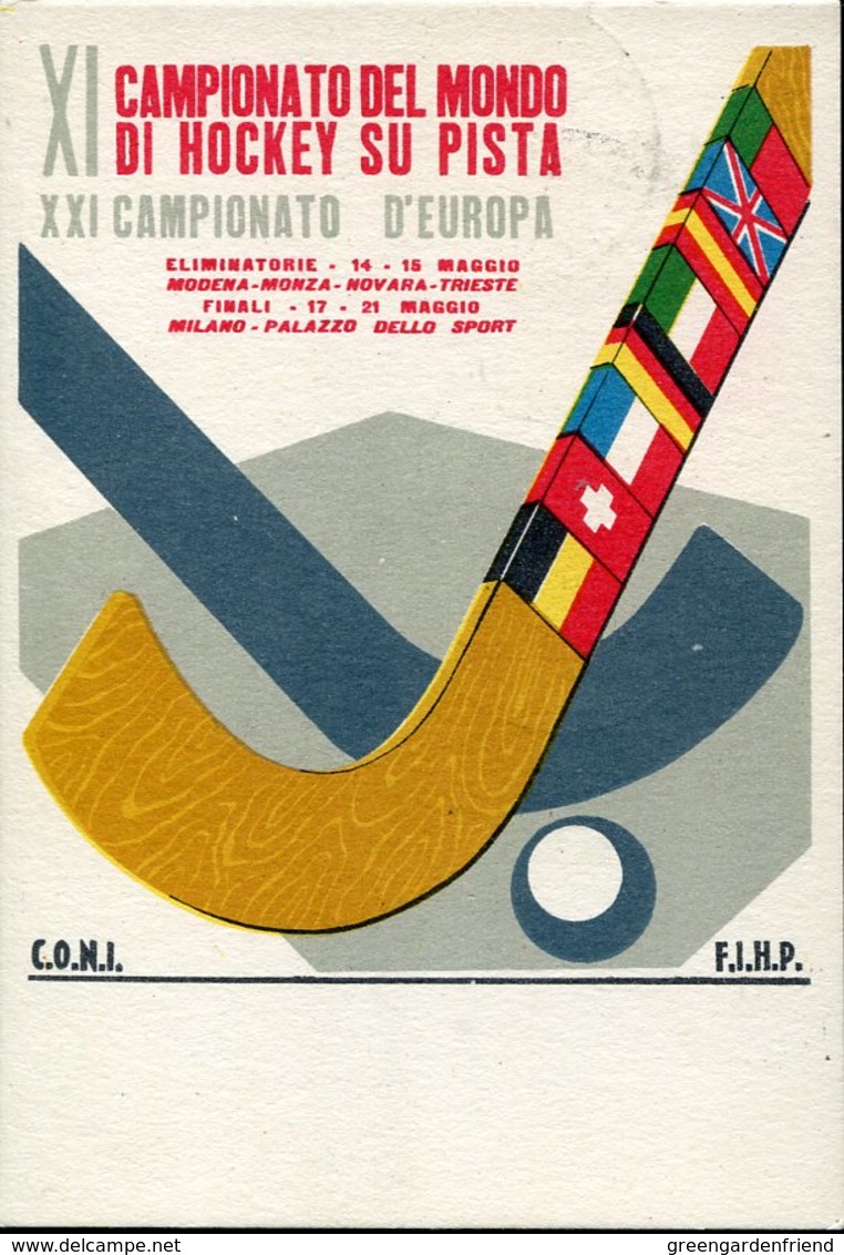 38234 Italia  Special Postmark And Card 1955 Milano  Hockey World Cup  Roller Hockey, Roller Skating - Hockey (Field)