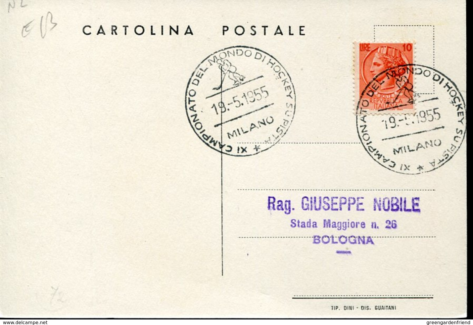 38234 Italia  Special Postmark And Card 1955 Milano  Hockey World Cup  Roller Hockey, Roller Skating - Hockey (Field)