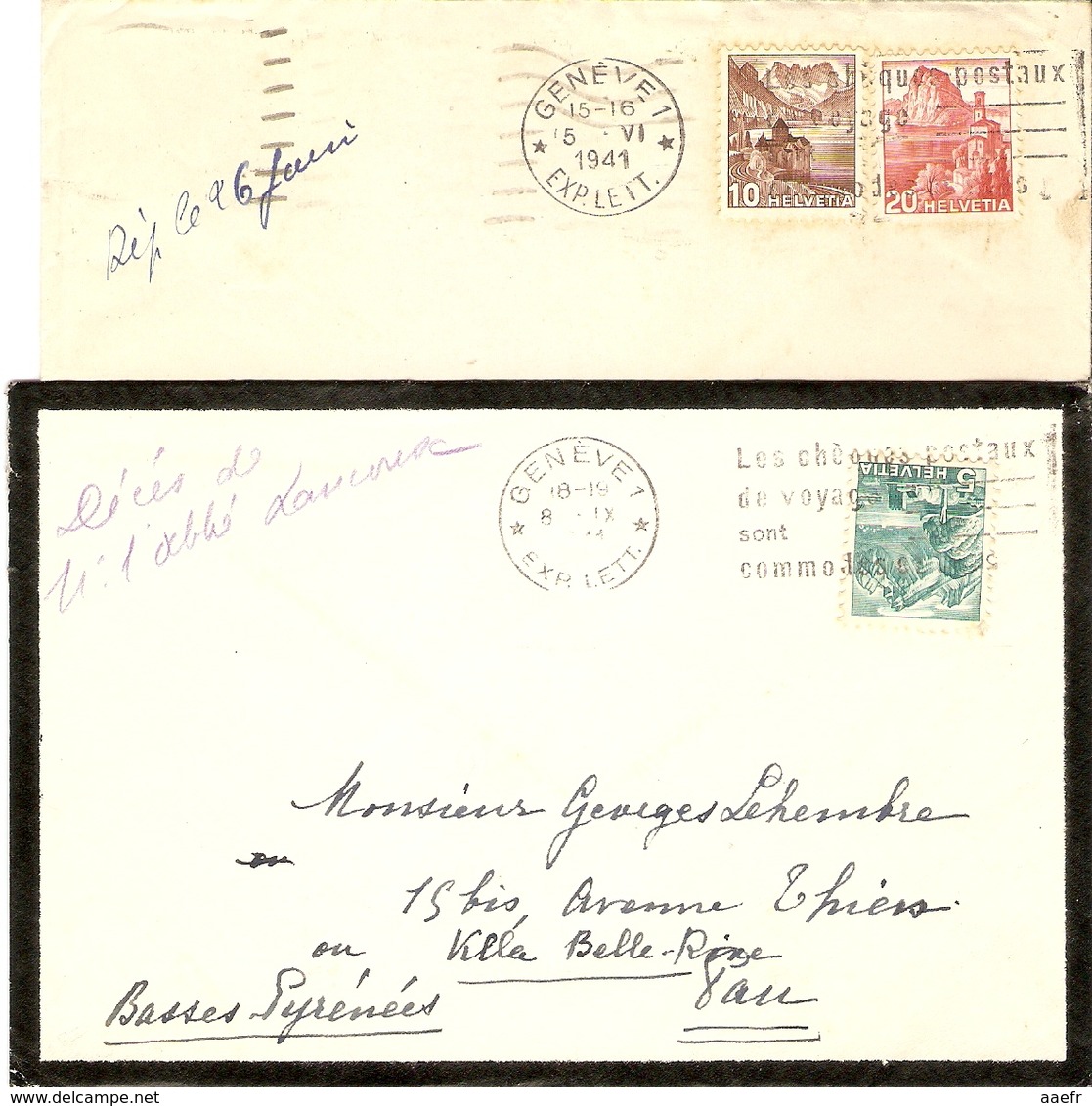 Suisse 1941 - Petit Lot De 2 Lettres -  Flamme Les Chèques Postaux De Voyage Sont Commodes - De Genève à Pau- Exp. Lett. - Marcophilie