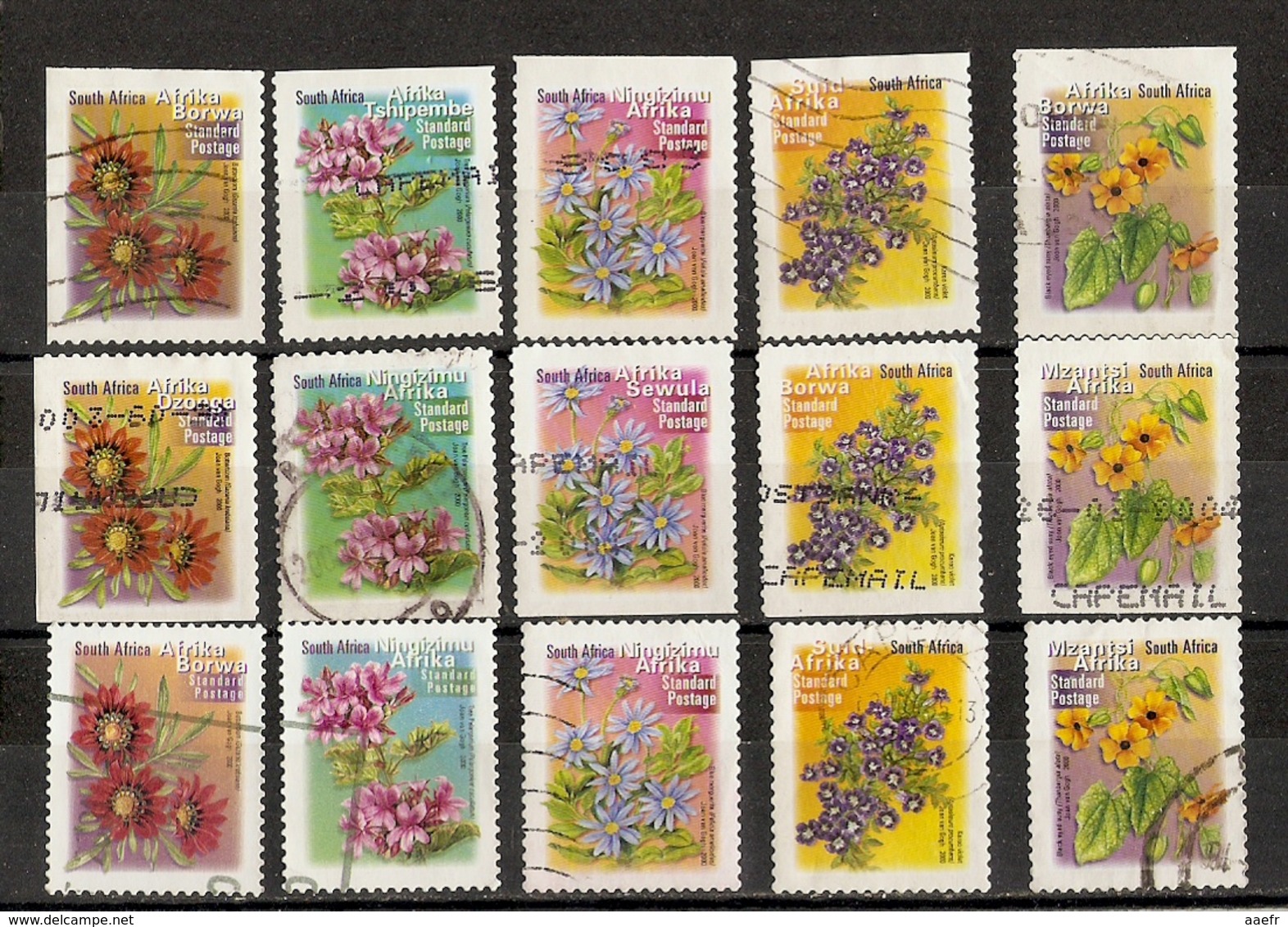 Afrique Du Sud 2000 - Fleurs - Petit Lot De 15 Dentelés Sur 2/3/4 Côtés - Marguerite- Violet - Pelargonium - Gazania - Vrac (max 999 Timbres)