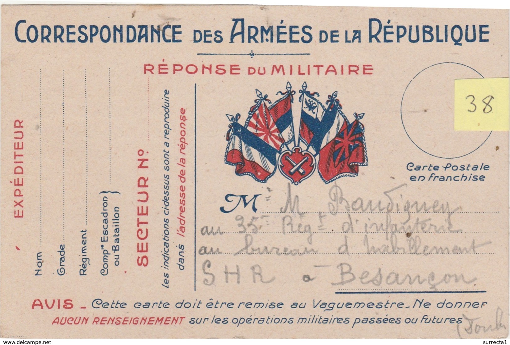 N°38 / Carte Postale REPONSE 1914 /  FM Franchise Militaire /  6 Drapeaux Centre Sur écusson - 1914-18