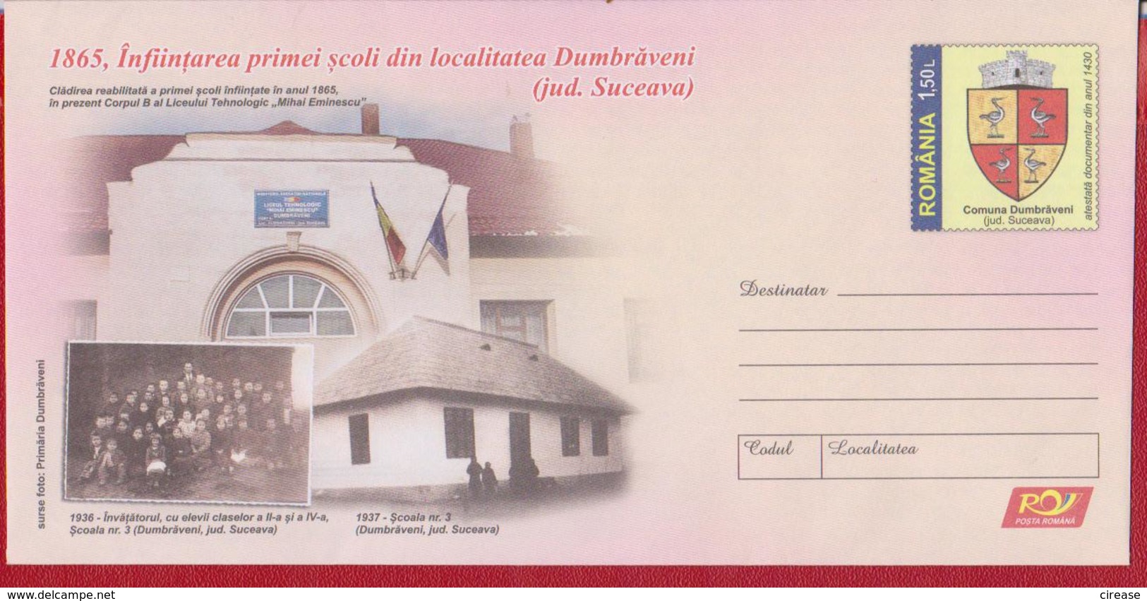 COPAT OF ARMS BIRD STORK HIGH SCHOOL MIHAI EMINESCU DUMBRAVENI SUCEAVA ROMANIA POSTAL STATIONERY - Buste