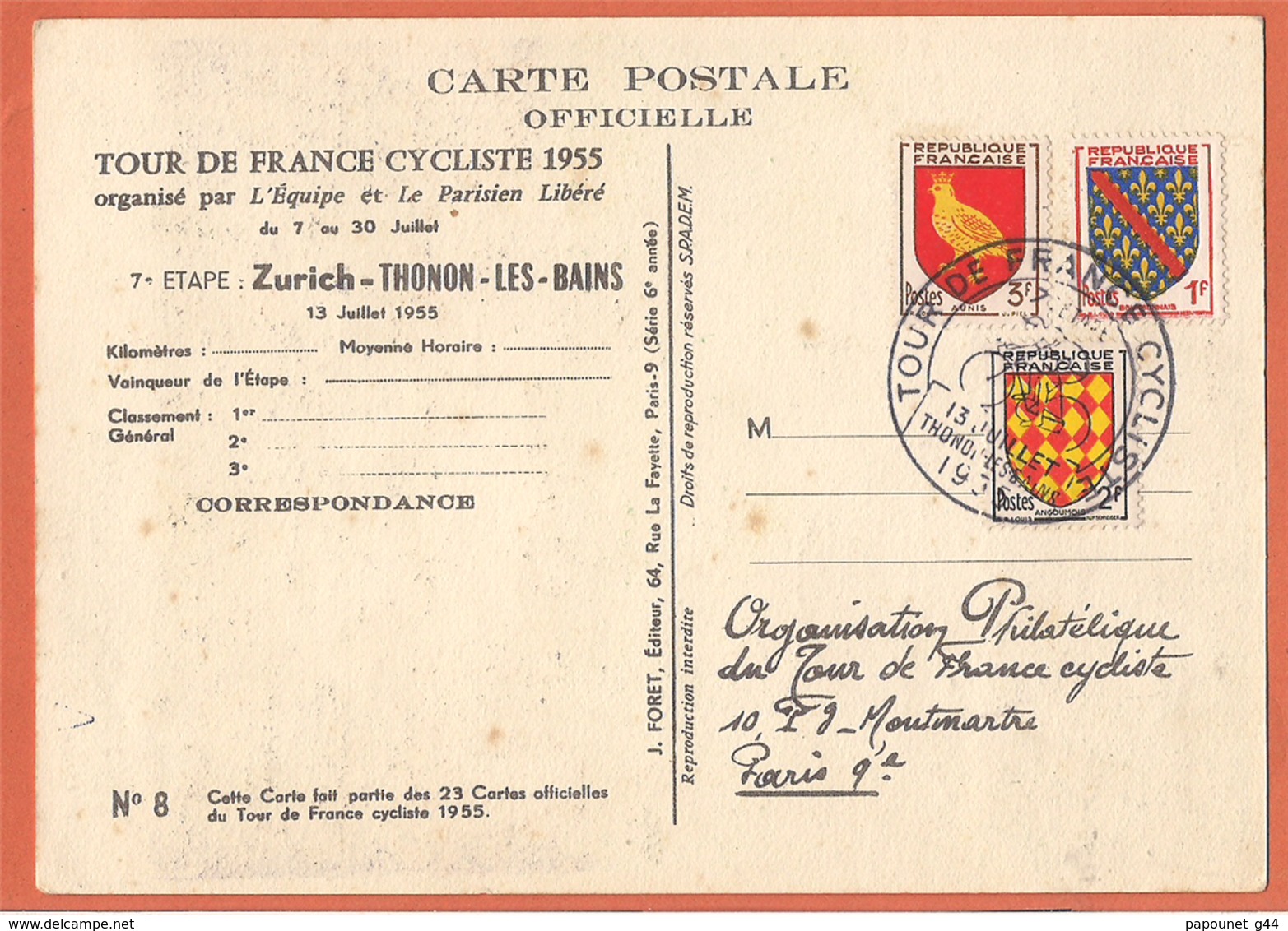 Carte ( Tour De France Cycliste 1955 7ème étape Zurich  -  Thonon - Les - Bains ) - Autres & Non Classés