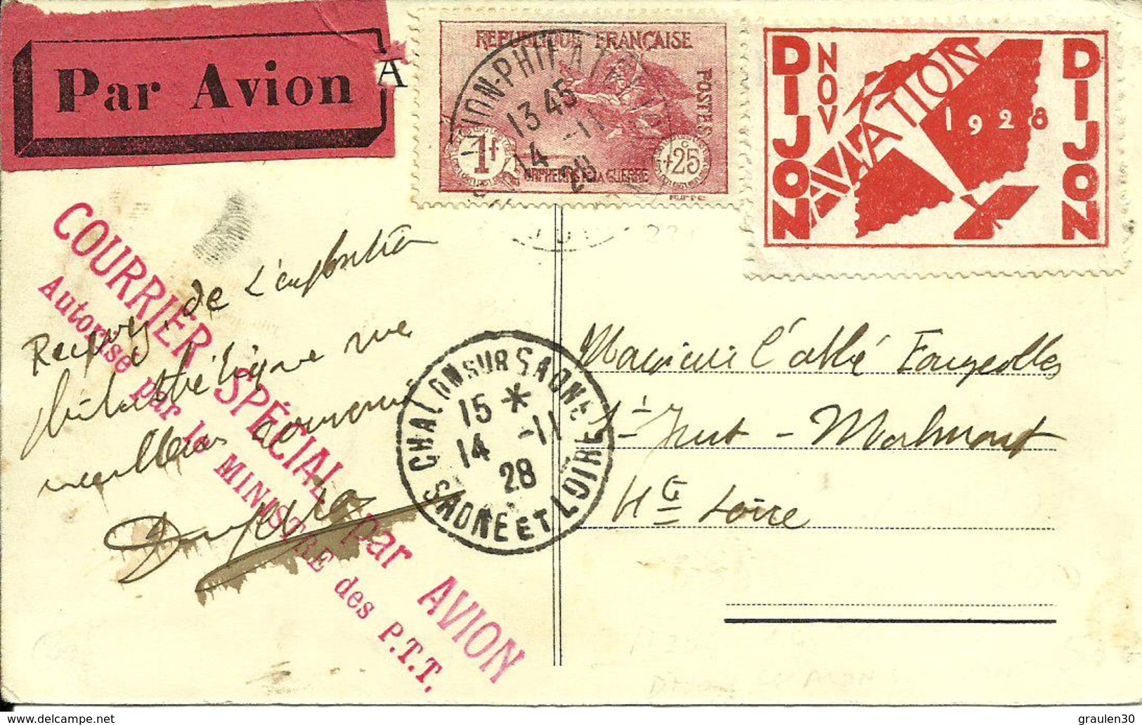 Expo De DIJON -Courrier Spécial Par AVION Avec N° 154  - 1928 - - 1927-1959 Lettres & Documents