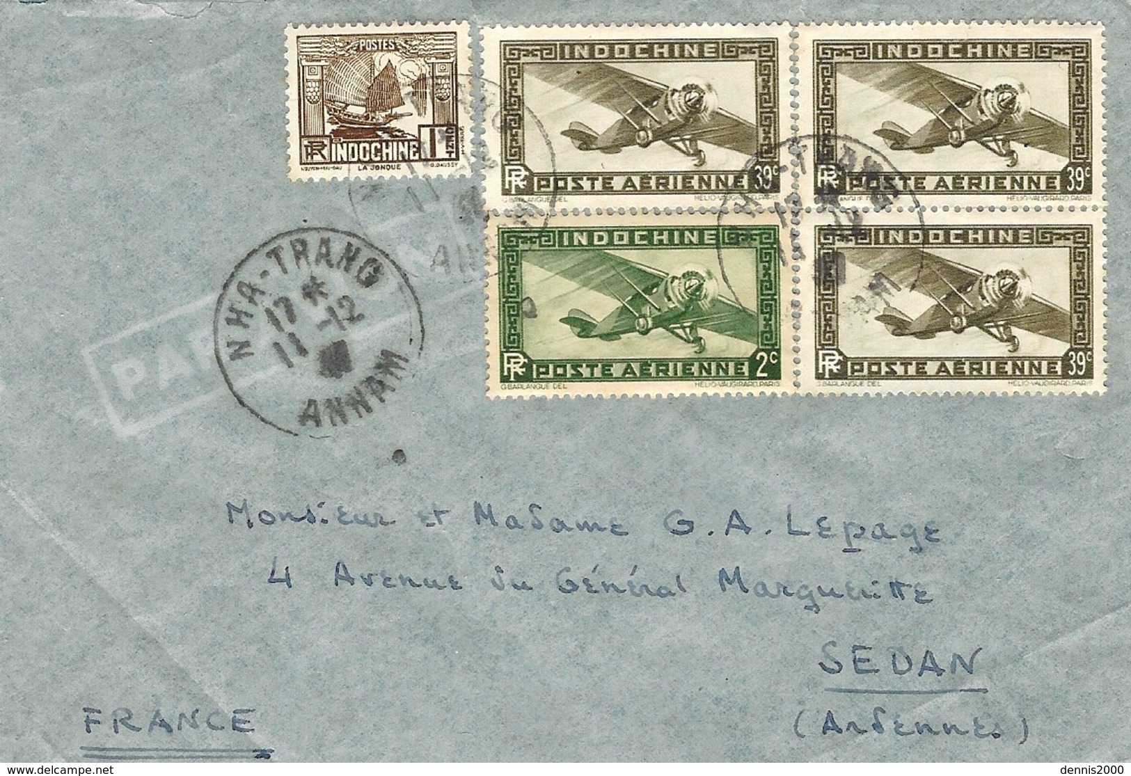 1947- Env. Par Avion Affr. 1,30 P.  Oblit.  NHA-TRANG / ANNAM  Pour La France - Autres & Non Classés