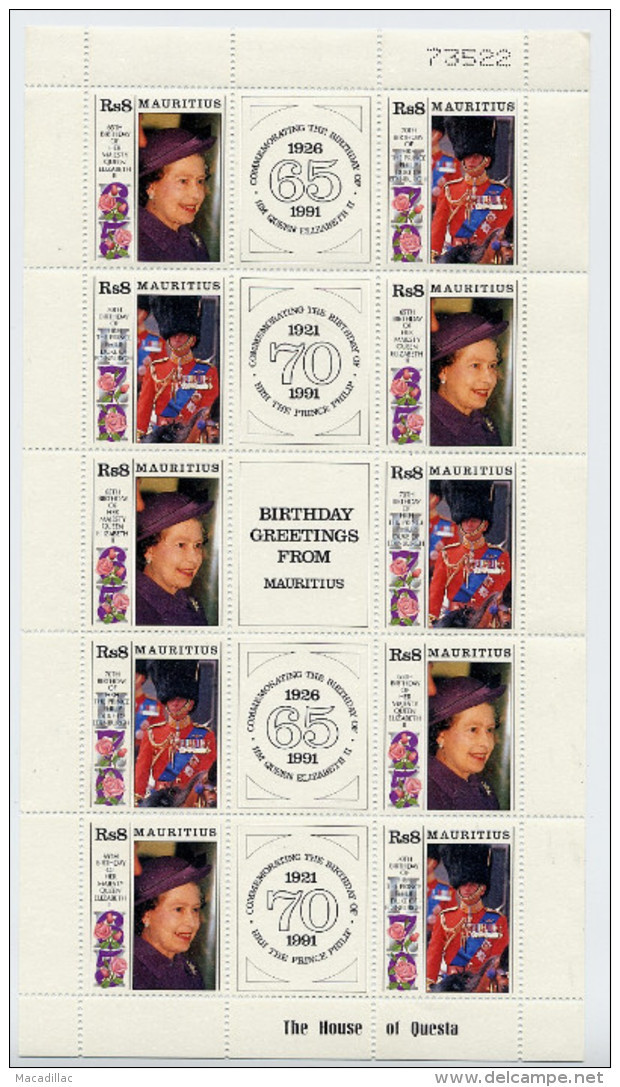 Bloc Feuillet De 10 Timbres, Birthday Greetings From MAURITIUS - Queen Elizabeth II - Mauritius (1968-...)