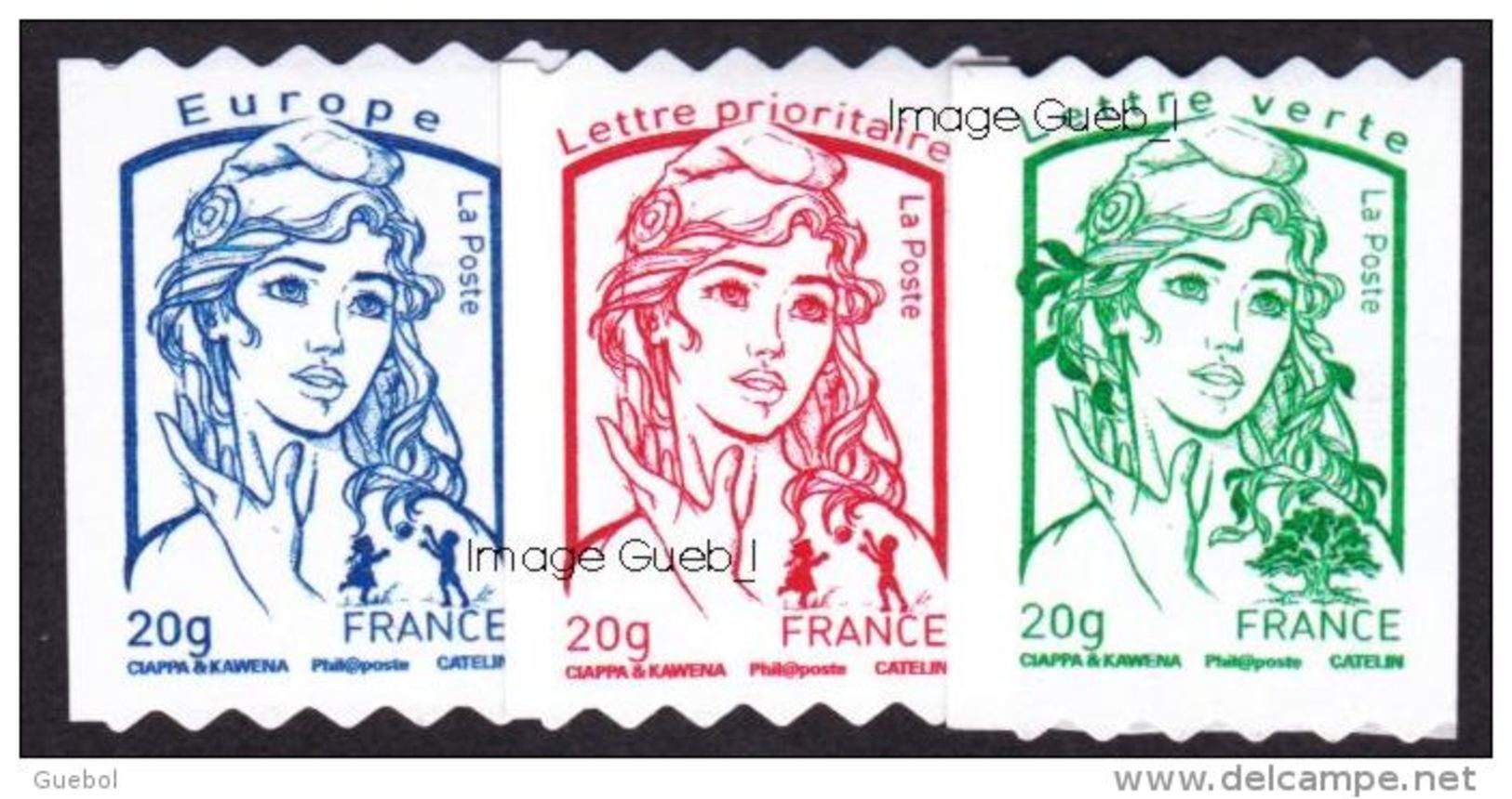 France Autoadhésif N°  862 ** +863 ** +864 ** Par 1 Marianne De Ciappa Et Kawena Roulettes 20 Grammes Verte; Rouge, Bleu - Autres & Non Classés