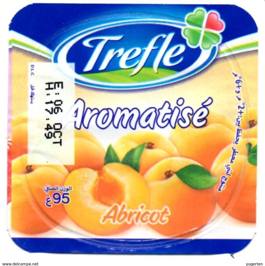 Opercule Cover Yaourt Yogurt " Trèfle " Aromatisé Abricot Apricot New Design Yoghurt Yahourt Yogourt French Script - Opercules De Lait