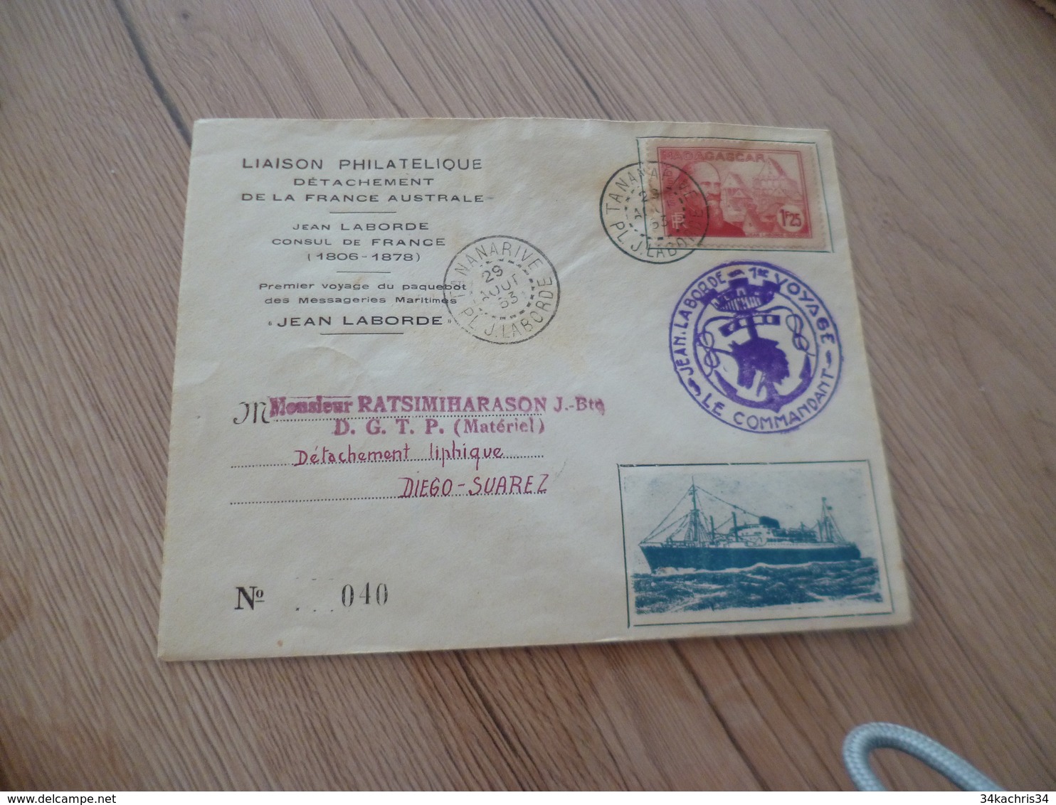 Lettre Colonie Française Madagascar 1er Voyage Paquebot Laborde 29/08/1953 3 TP Anciens - Briefe U. Dokumente