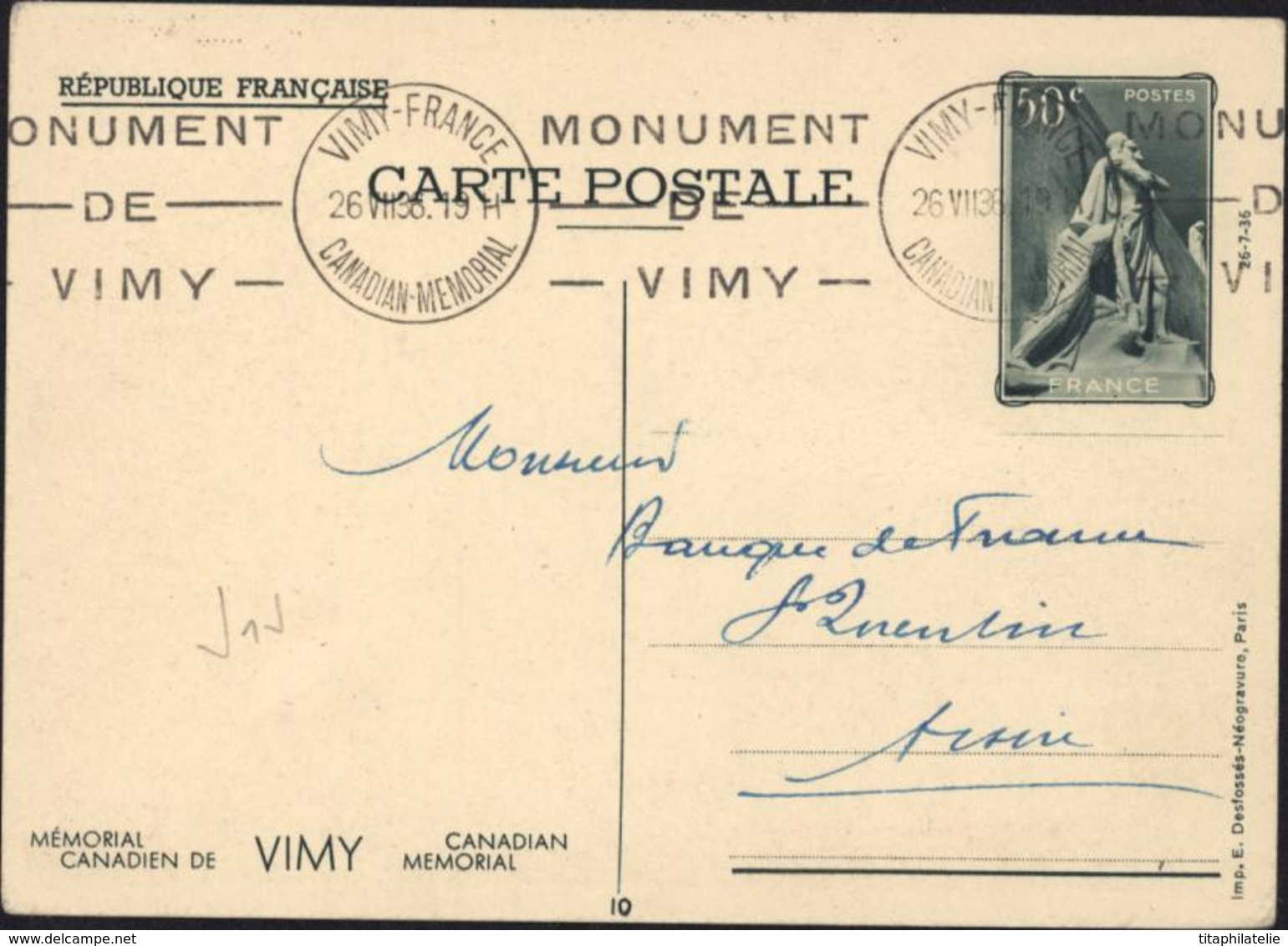 Entier CP Memorial Canadien De Vimy Storch J1j N°10 Escalier Noms Gravés CAD Vimy Canadian Memorial 26 VII 38 + Flamme - Cartes Postales Types Et TSC (avant 1995)