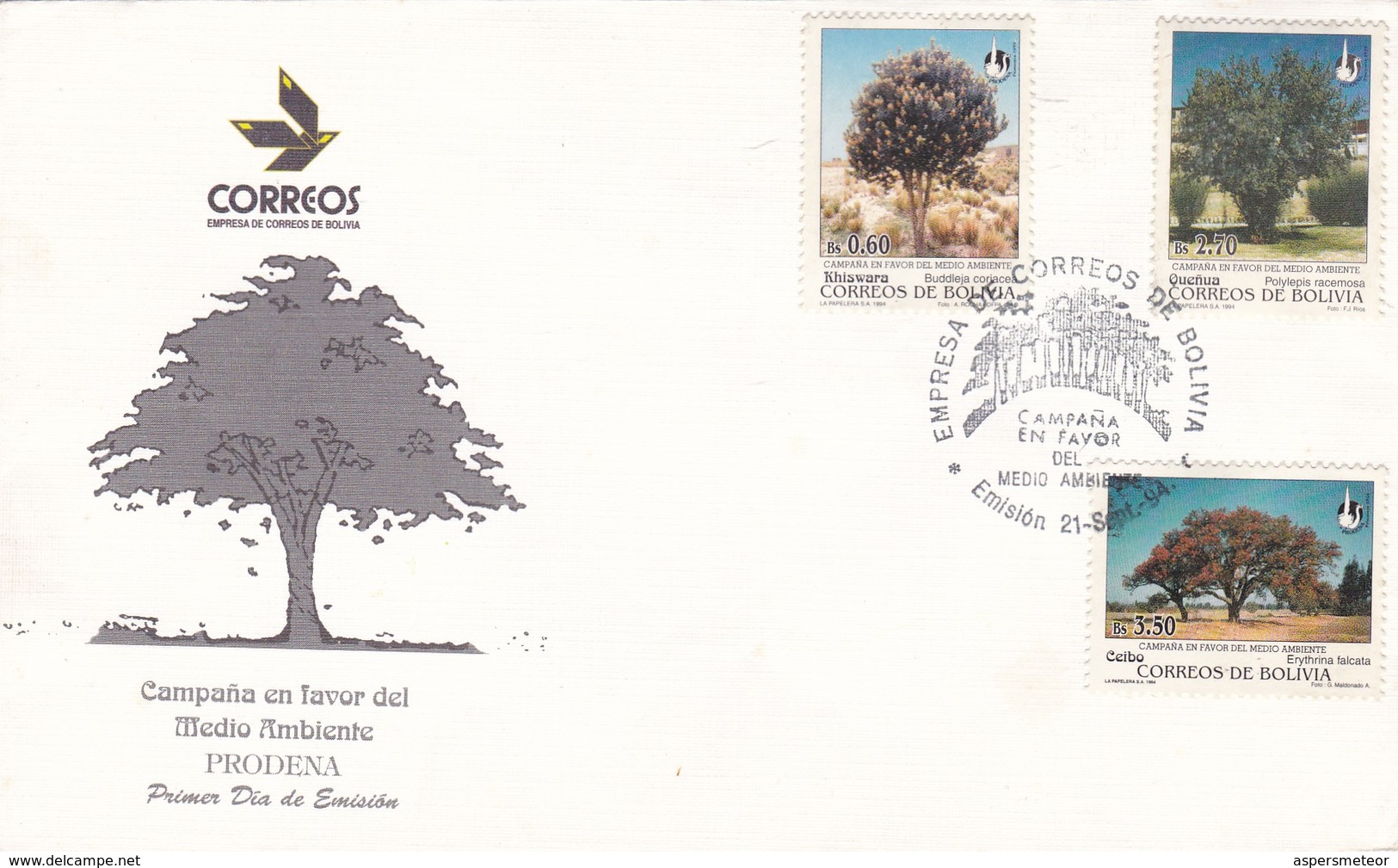 FDC. CAMPAÑA EN FAVOR DEL MEDIO AMBIENTE, PRODENA. ENVELOPE YEAR 1994. BOLIVIA- BLEUP - Bolivië