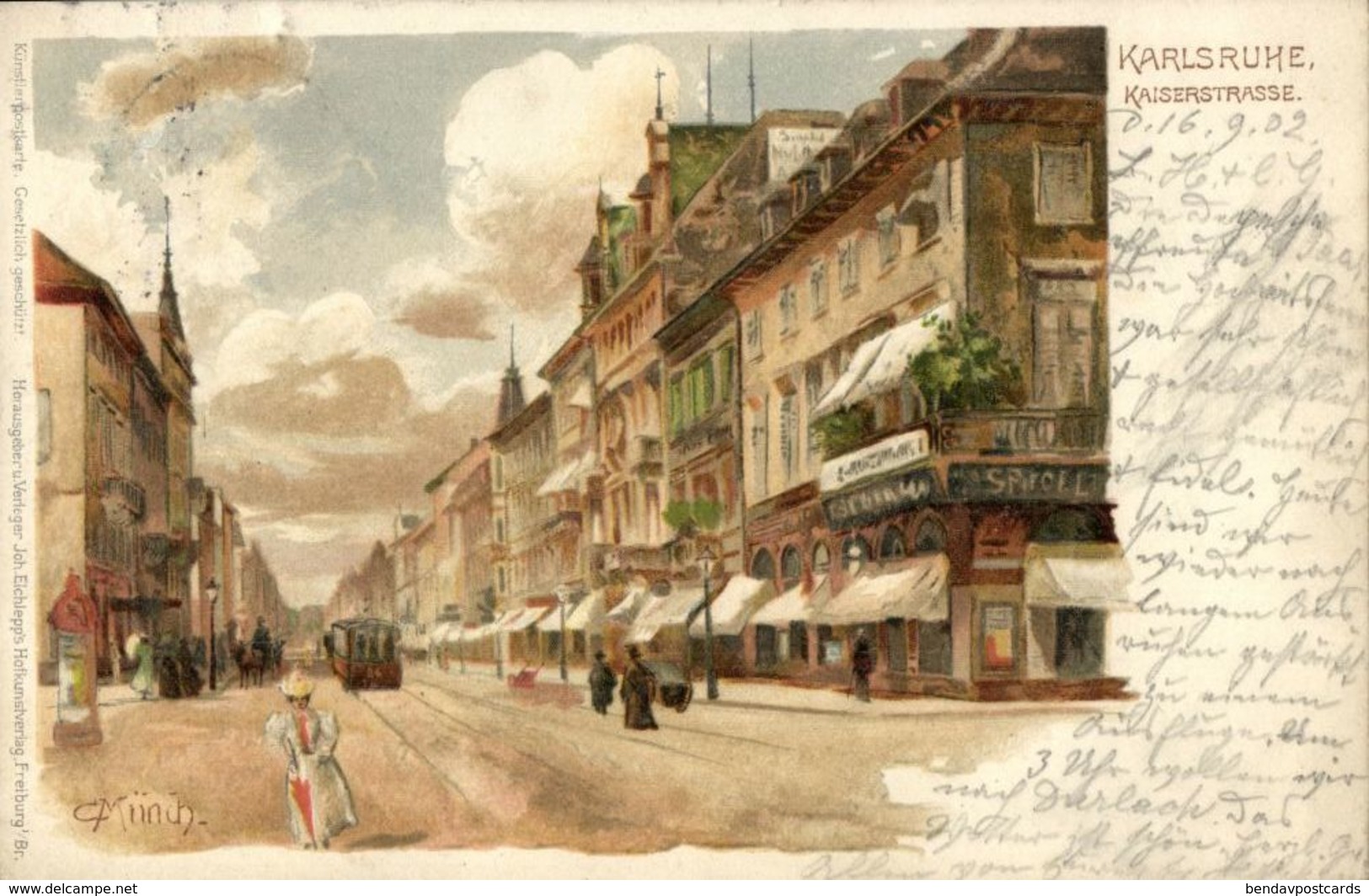 KARLSRUHE, Kaiserstrasse, C. Münch (1902) Litho AK - Karlsruhe