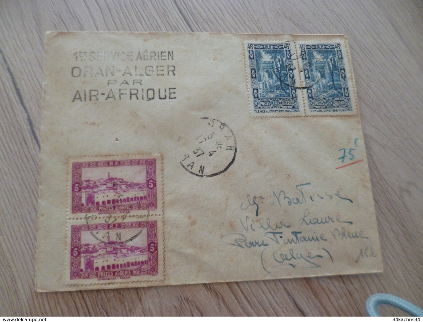Lettre Colonies Françaises Algérie 1er Service Aérien Oran Alger Par Air Afrique 17/04/1937 - Briefe U. Dokumente