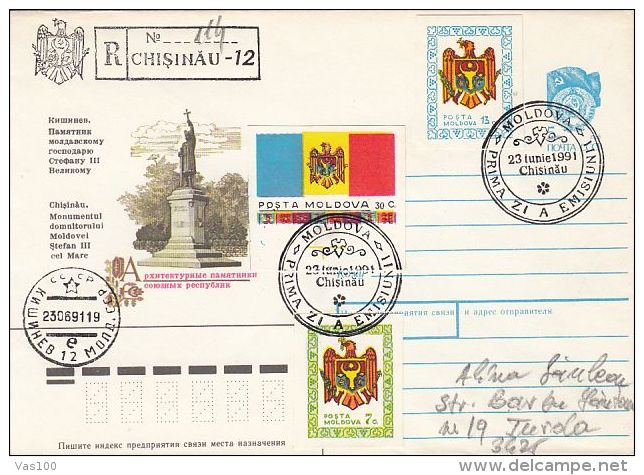 CHISINAU MONUMENT, REPUBLIC COAT OF ARMS, REGISTERED COVER STATIONERY, ENTIER POSTAL, OBLIT FDC, 1991, MOLDOVA - Moldova