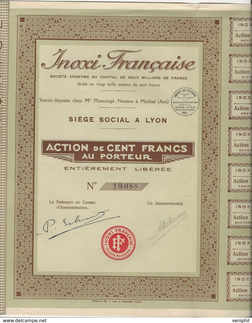 INOXI FRANCAISE - MIRIBEL -AIN- ACTION DE 100 FRS -ANNEE 1928 - Industrie