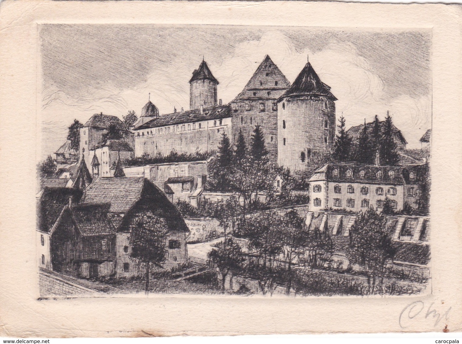 Carte 1960 PORRENTRUY /LE CHATEAU (eau Forte Original Comme Un Parchemin La Gravure) - Porrentruy