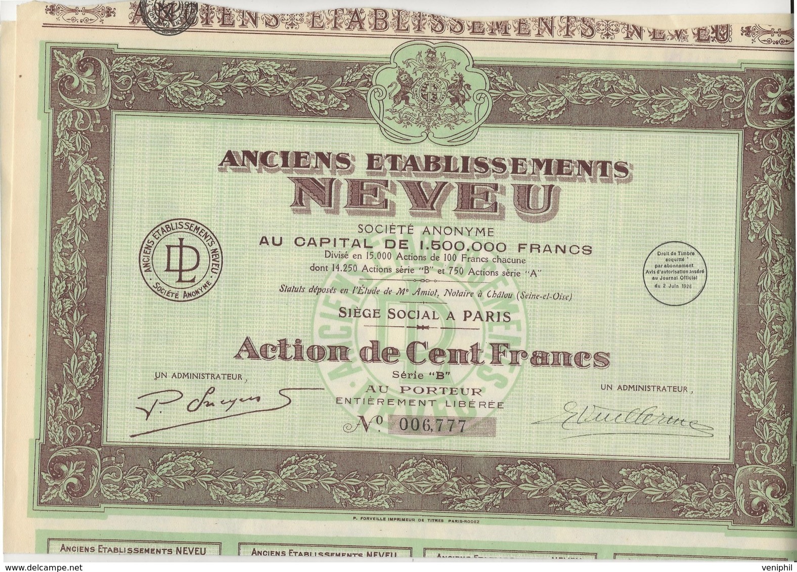 ANCIENS ETABLISSEMENTS NEVEU -  ACTION DE 100 FRS SERIE B - ANNEE 1926 - Industrial