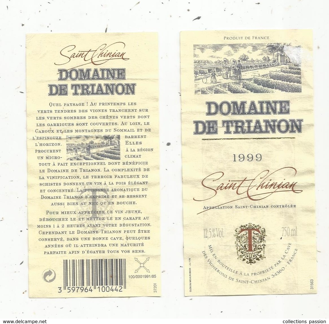 2 étiquettes De Vin, DOMAINE DE TRIANON , 1999 , SAINT CHINIAN , 34 - Languedoc-Roussillon