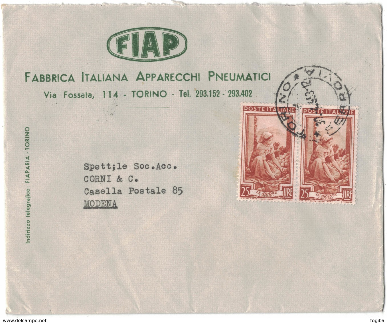 AI69  Busta Pubblicitaria - FIAP, Torino - Coppia £.25 Italia Lavoro 1953 - 1946-60: Storia Postale