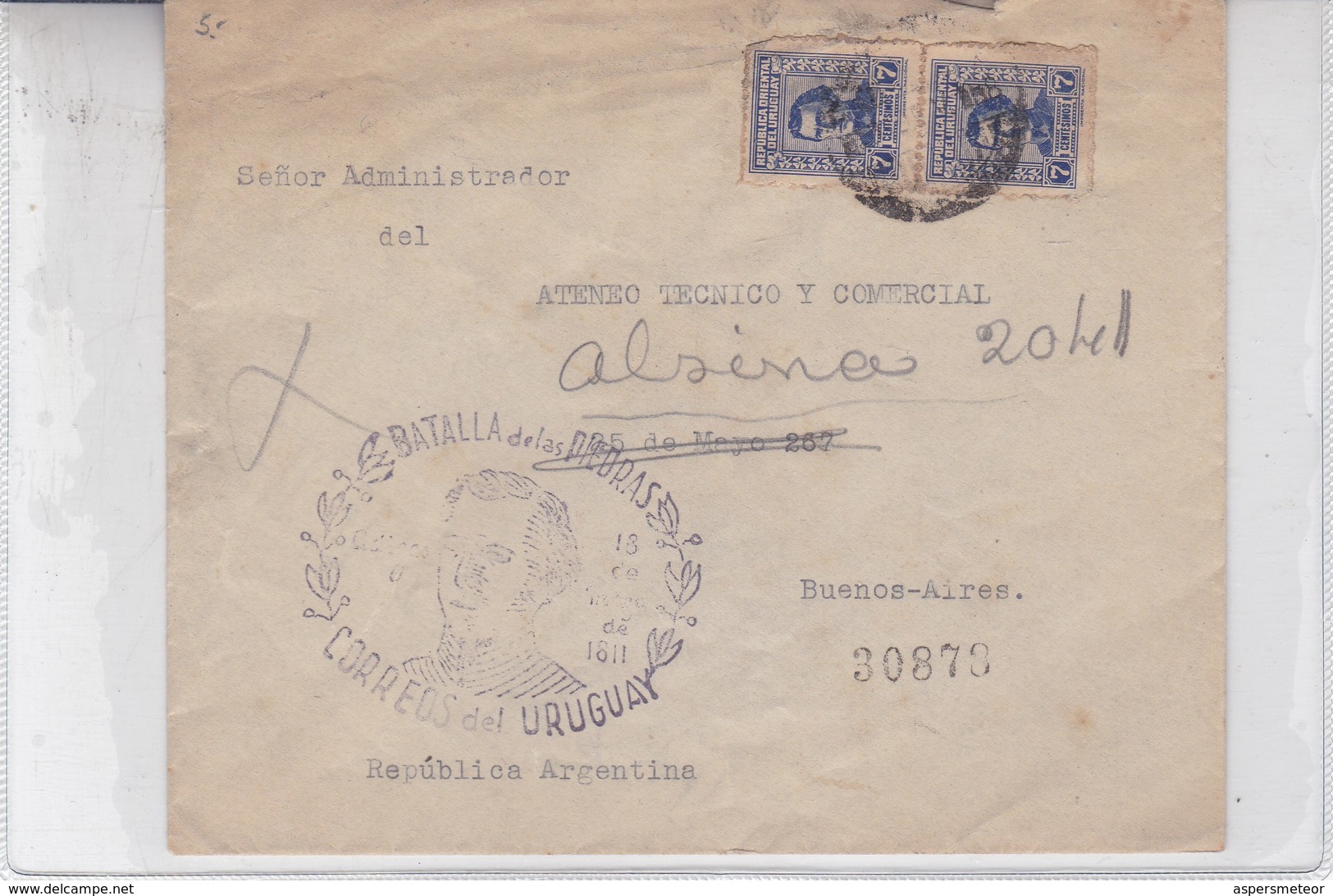 BATALLA DE LAS PIEDRAS OBLITERACION. ENVELOPE CIRCULEE CIRCA 1930's URUGUAY TO BUENOS AIRES- BLEUP - Colombia