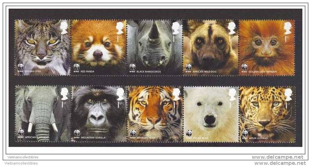 WWF W.W.F Great Britain UK MNH Perf Stamps 2011: Elephant / Monkey / Tiger / Red Panda /Polar Bear / Rhino / Cat / Lynx - Ungebraucht