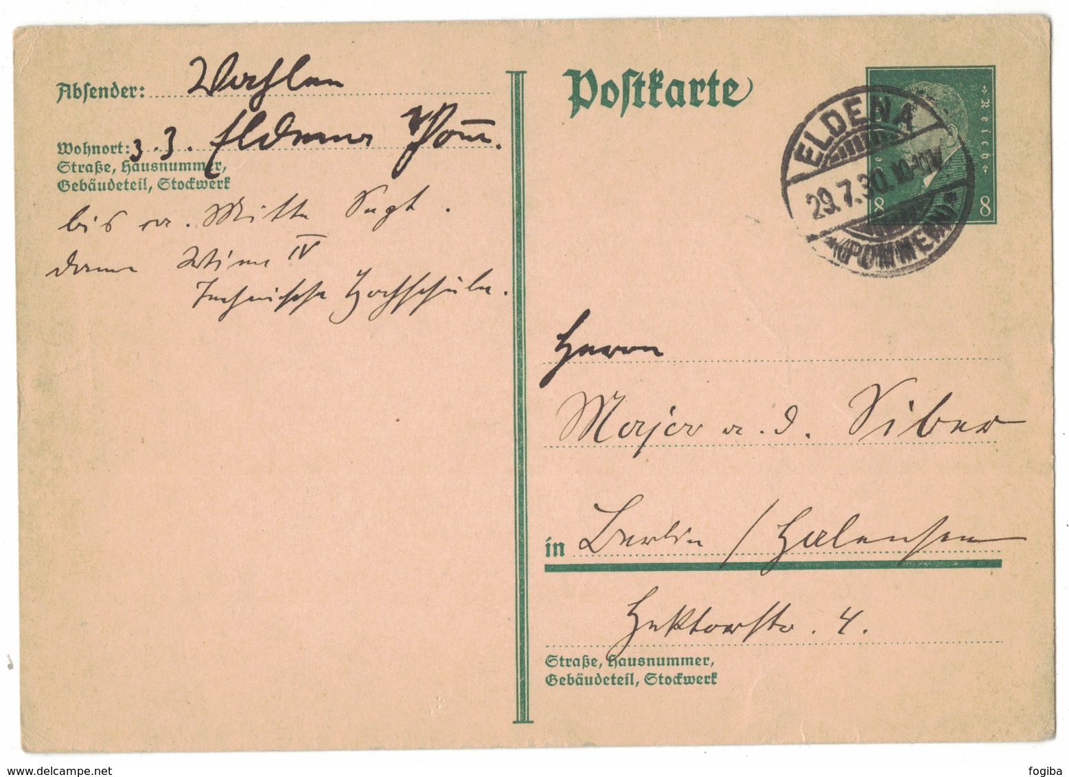 AI72  Deutsches Reich Germany 1930 Postkarte  Nach Eldena - Sonstige & Ohne Zuordnung