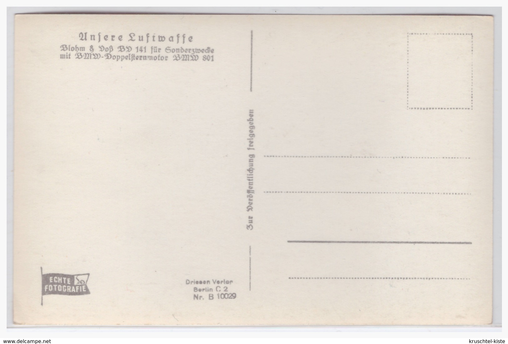 DT- Reich (000325) Propagandakarte Unsere Luftwaffe Blohm & Voß BV 141 Für Sonderzwecke, Ungebraucht - Briefe U. Dokumente