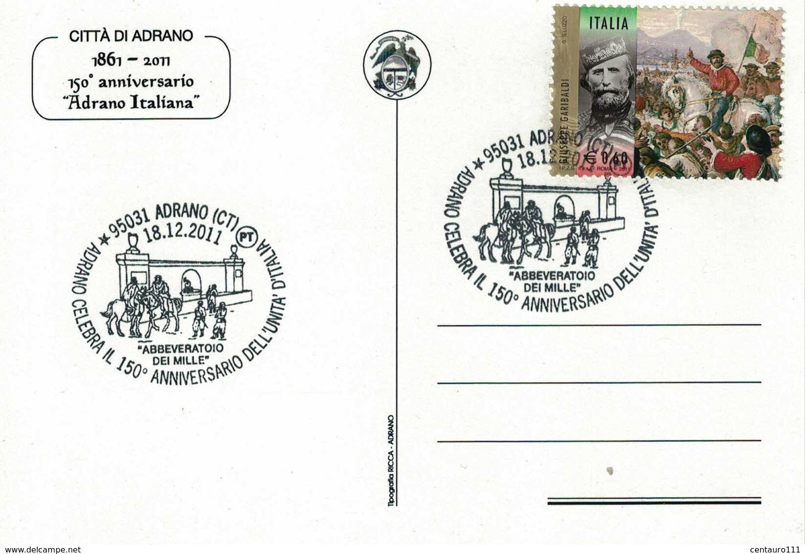 Adrano, Catania, Sicilia, 150 Anniversario Unità D'Italia, Annullo Postale, Marcofilia, Garibaldini - Catania