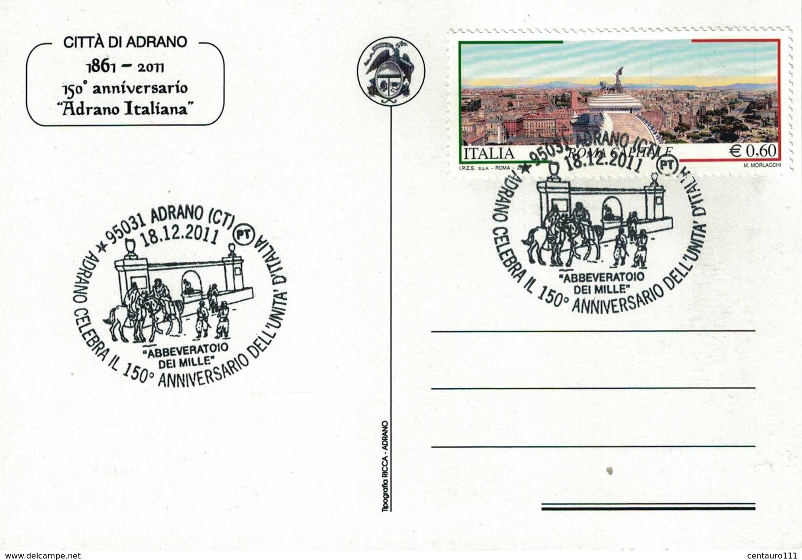 Adrano, Catania, Sicilia, 150 Anniversario Unità D'Italia, Annullo Postale, Marcofilia, Garibaldini - Catania