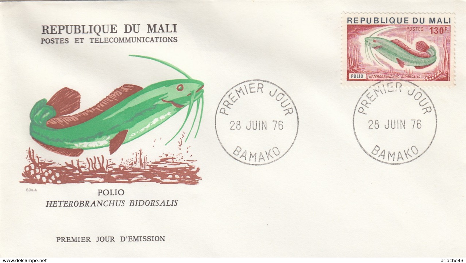 REPUBLIQUE DU MALI - FDC POLIO HETEROBRANCHUS BIDORSALIS  - CACHET 1er JOUR 28.6.76 BAMAKO  /2 - Mali (1959-...)