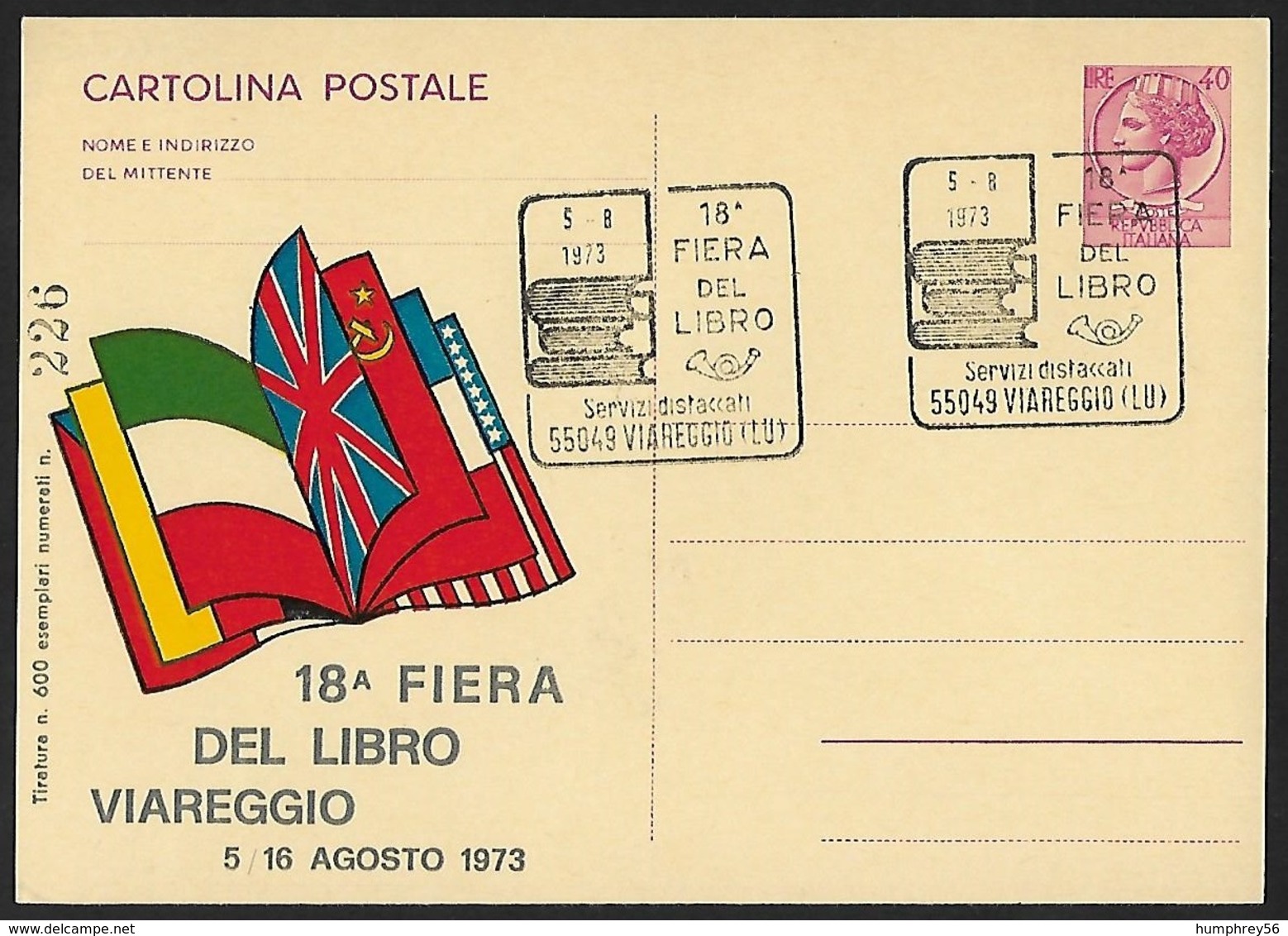 1973 - ITALIA - Card Viareggio Book Fair + Y&T 1001 [Italia] + VIAREGGIO - Entiers Postaux