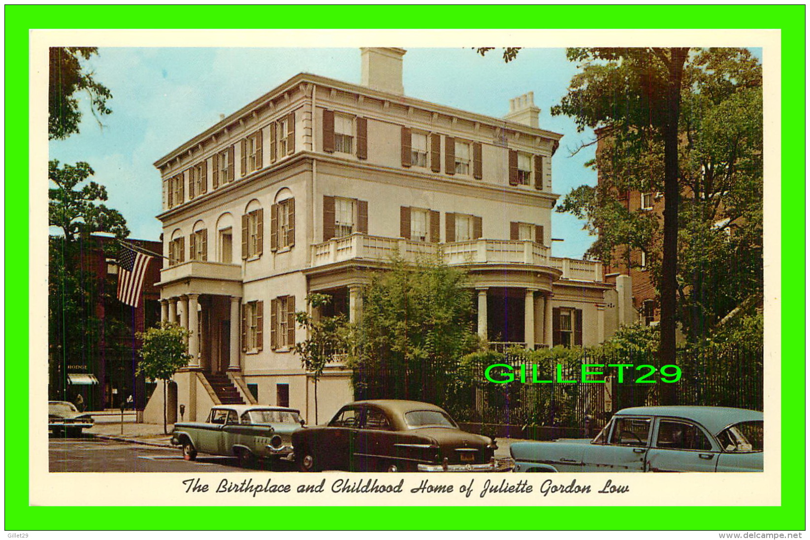 SAVANNAH, GE - THE BIRTHPLACE AND CHILDHOOD HOME OF JULIETTE GORDON LOW - ANIMATED WITH OLD CARS - DIXIE NEWS CO - - Savannah
